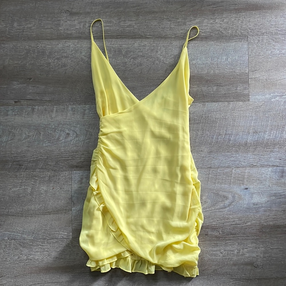 Tiger Mist Yellow Ruched Mini Dress